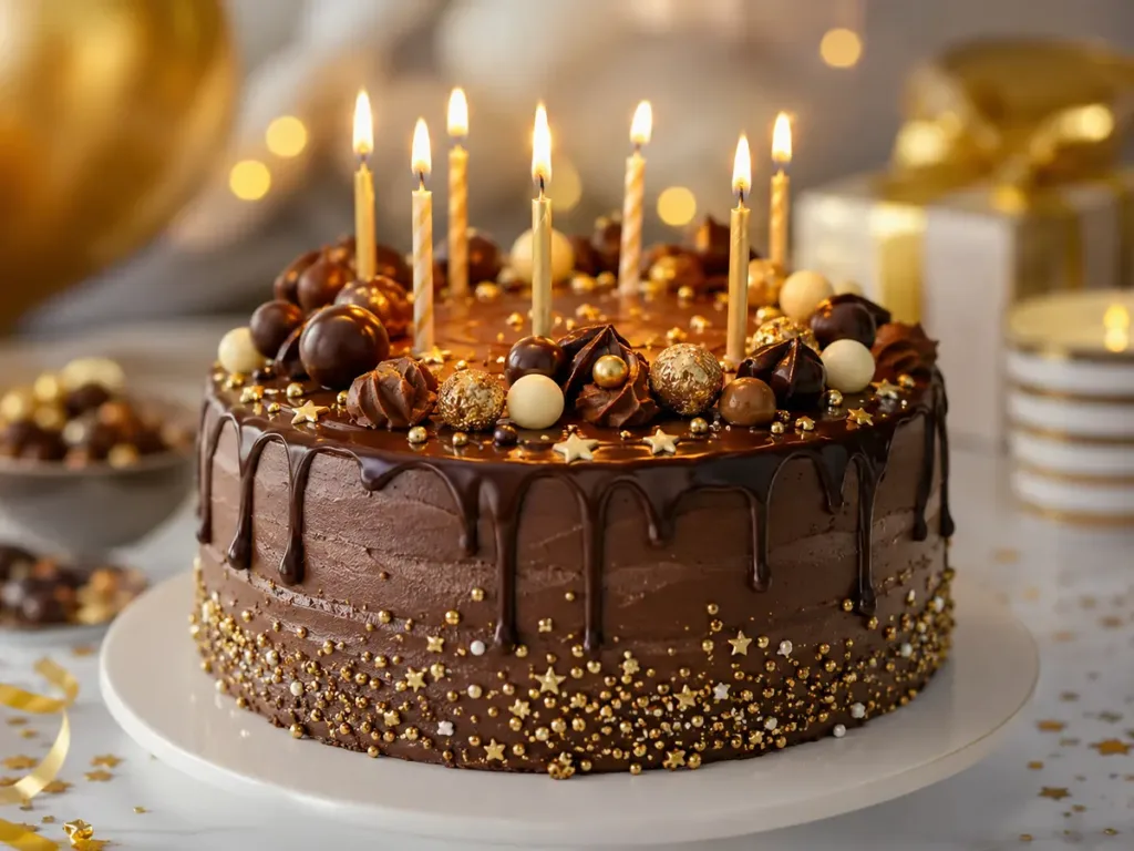 Tarta infantil decorada con chocolate, velas y detalles dorados