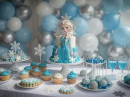 Mesa dulce de cumpleaños con tarta Frozen, cupcakes azules, cake pops y decoración de copos de nieve.