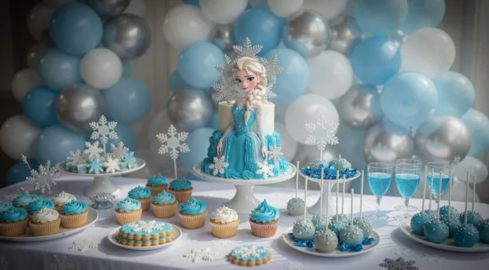 Tarta Frozen: ideas bonitas y mágicas para cumpleaños infantiles Mesa dulce de cumpleaños con tarta Frozen, cupcakes azules, cake pops y decoración de copos de nieve.