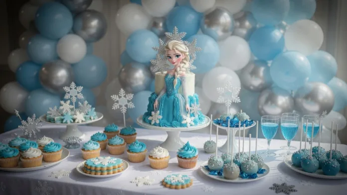 tarta-frozen Mesa dulce de cumpleaños con tarta Frozen, cupcakes azules, cake pops y decoración de copos de nieve.