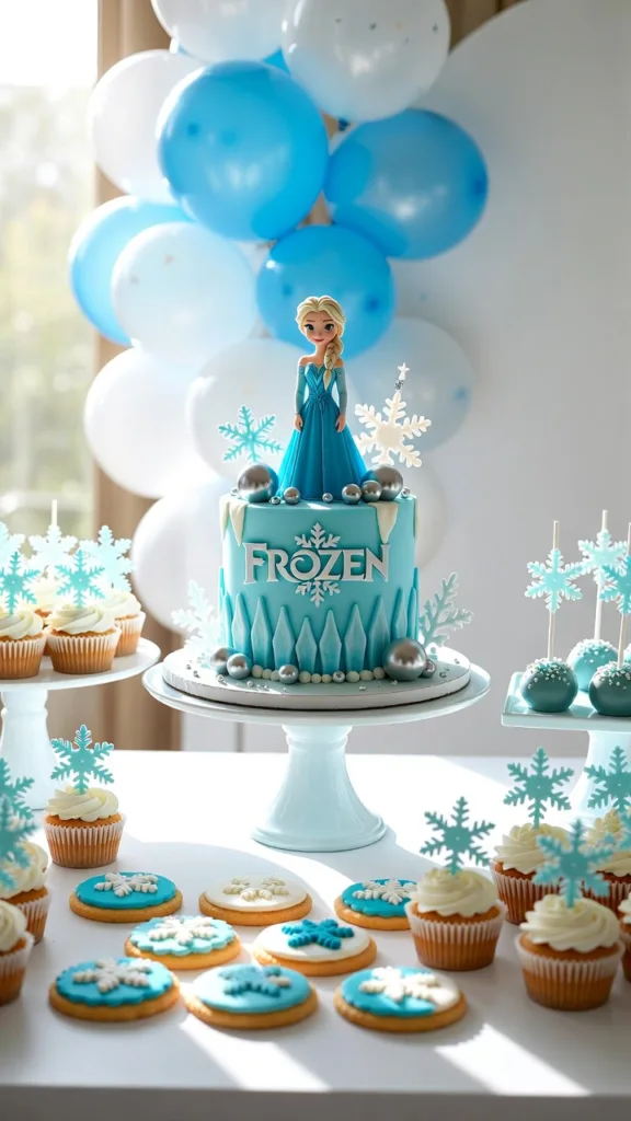 Mesa dulce infantil con pastel azul, cupcakes, galletas decoradas, copos de nieve y globos blancos.