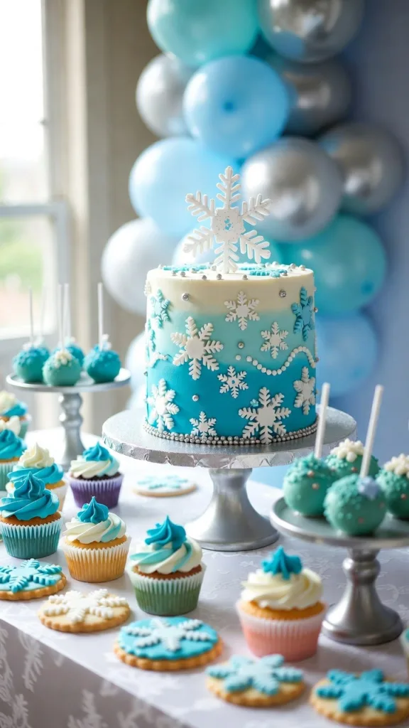Pastel azul con copos de nieve blancos, cupcakes, cake pops y globos en tonos celeste y plata.
