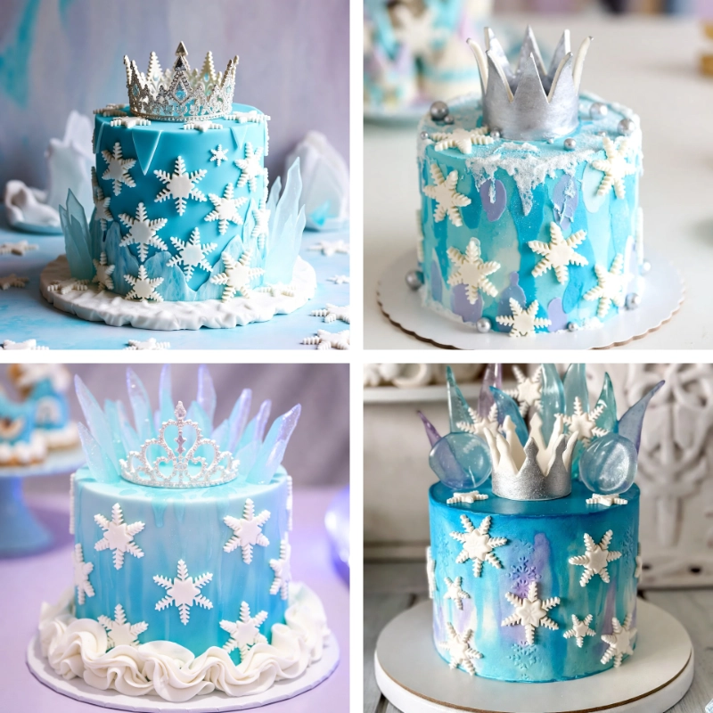 Pasteles azules con coronas plateadas, copos de nieve blancos y detalles de hielo para cumpleaños infantil.