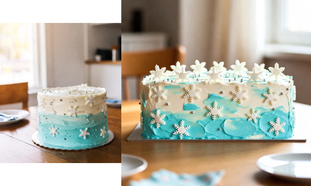 Creaciones con crema blanca y azul, copos decorativos y perlas plateadas sobre mesa de cumpleaños.