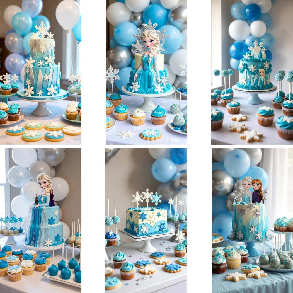 Collage de mesas dulces infantiles con pasteles azules, cupcakes, galletas, cake pops y copos de nieve.