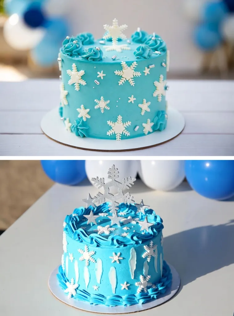 Pasteles azules con copos de nieve blancos, crema decorativa y adornos plateados para cumpleaños infantil.