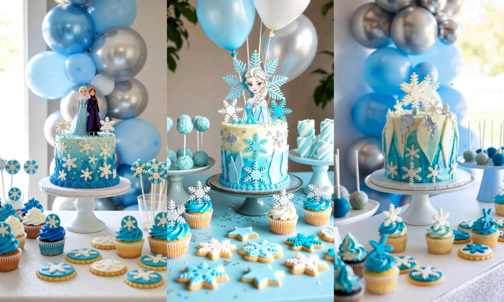 Celebración infantil en tonos azul y plata con cupcakes, galletas decoradas y detalles de nieve.