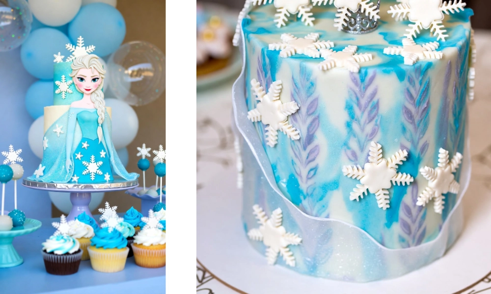 Pastel azul y blanco con figura de princesa, copos de nieve, cupcakes y detalles brillantes de hielo.