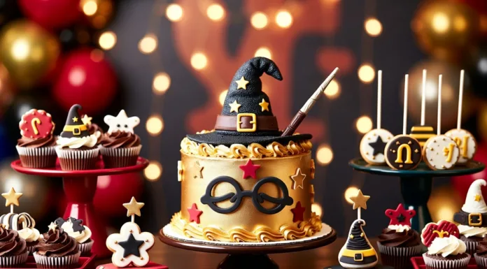 Tarta Harry Potter: ideas mágicas para cumpleaños infantiles Mesa dulce con tarta Harry Potter dorada decorada con sombrero, gafas, varita, cupcakes y galletas temáticas.