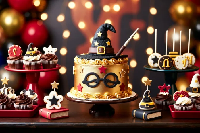 tarta-harry-potter0 Mesa dulce con tarta Harry Potter dorada decorada con sombrero, gafas, varita, cupcakes y galletas temáticas.