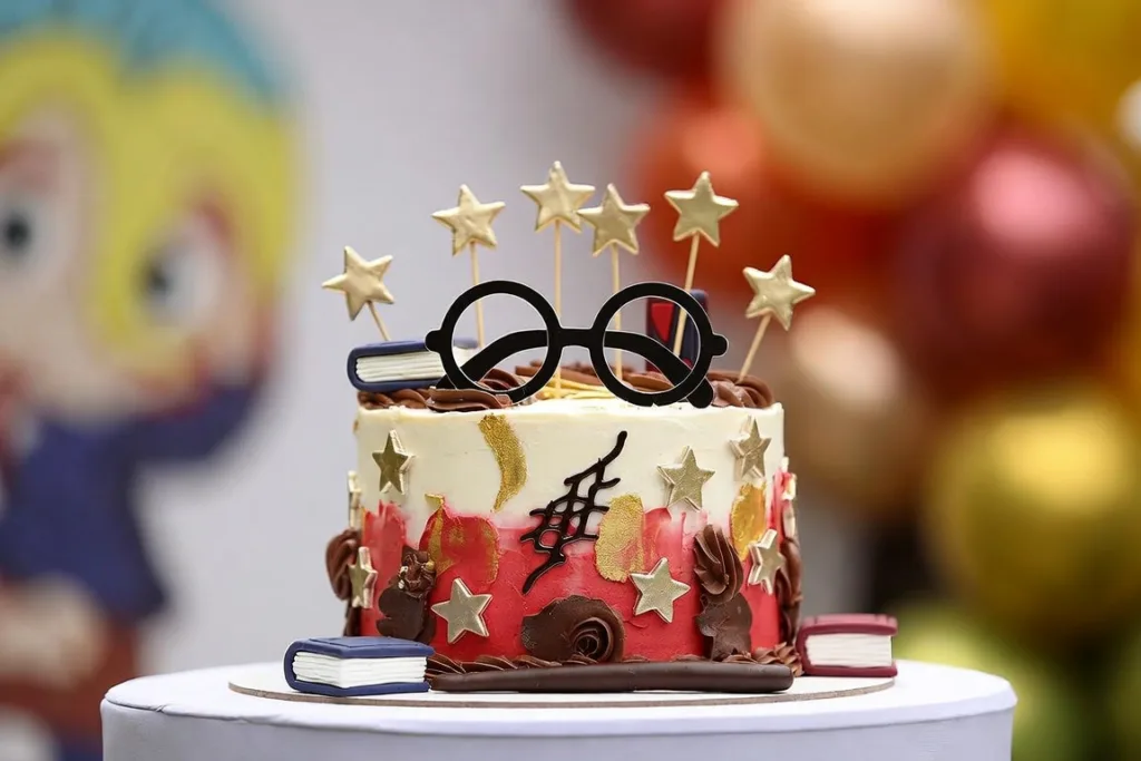 Tarta inspirada en Harry Potter con gafas, estrellas doradas, libros pequeños y decoración roja con crema.