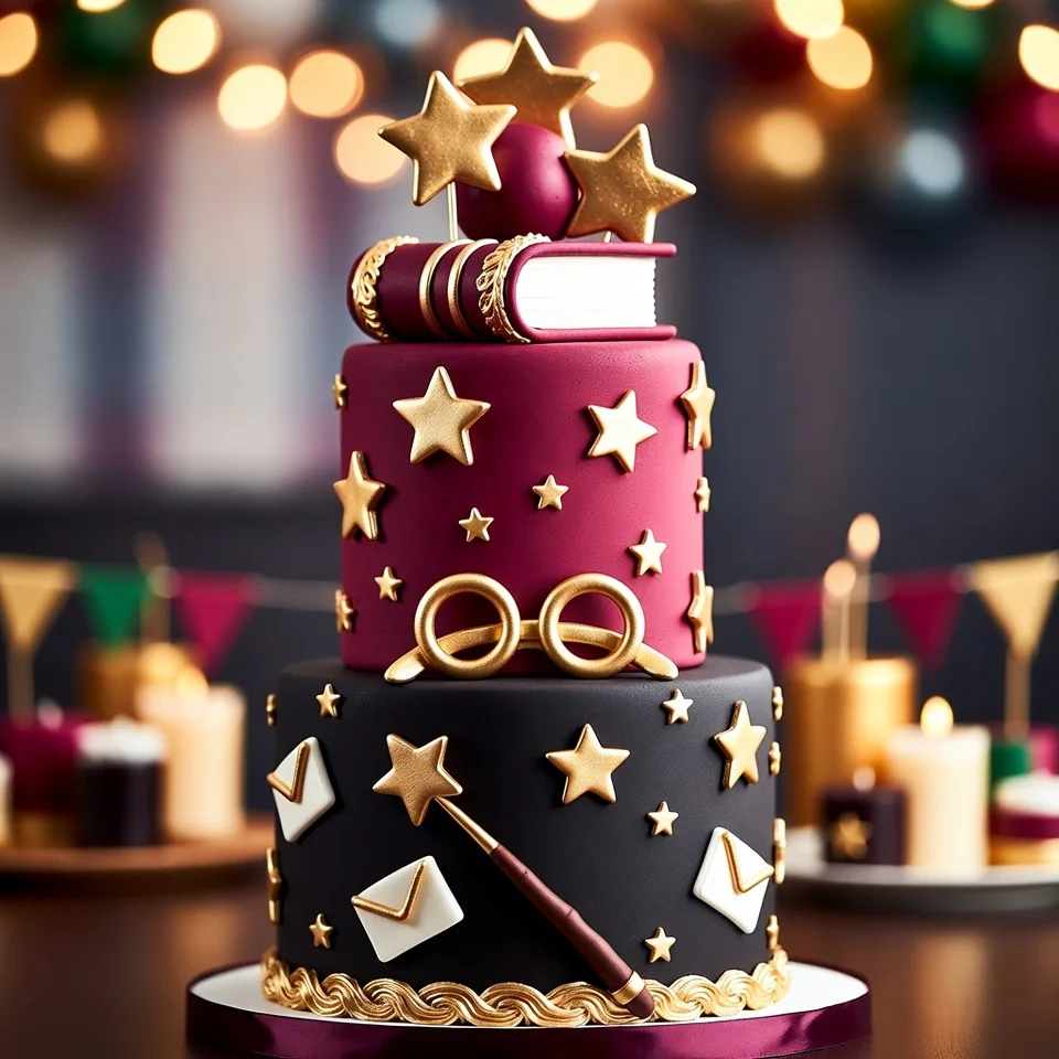 Tarta Harry Potter de dos pisos con estrellas doradas, gafas, varita, sobres y libros decorativos.
