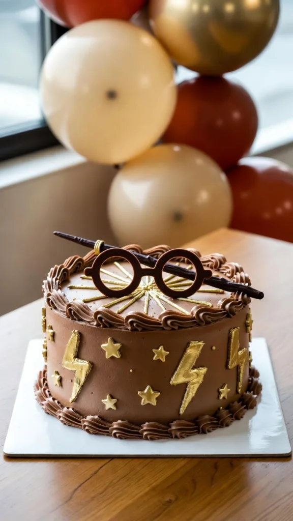 Pastel de chocolate con gafas, varita, rayos dorados, estrellas y globos en tonos cálidos al fondo.