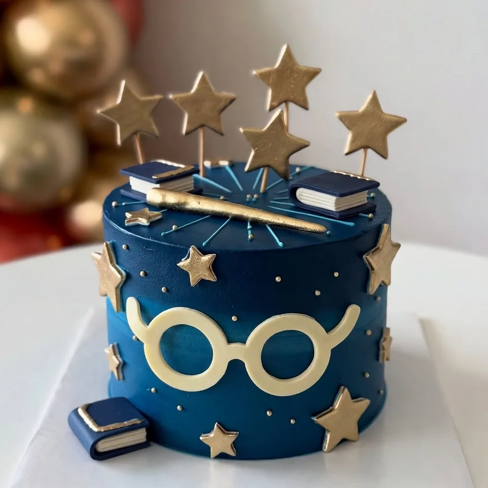 Pastel azul con gafas, varita dorada, libros pequeños y estrellas sobre fondo claro.