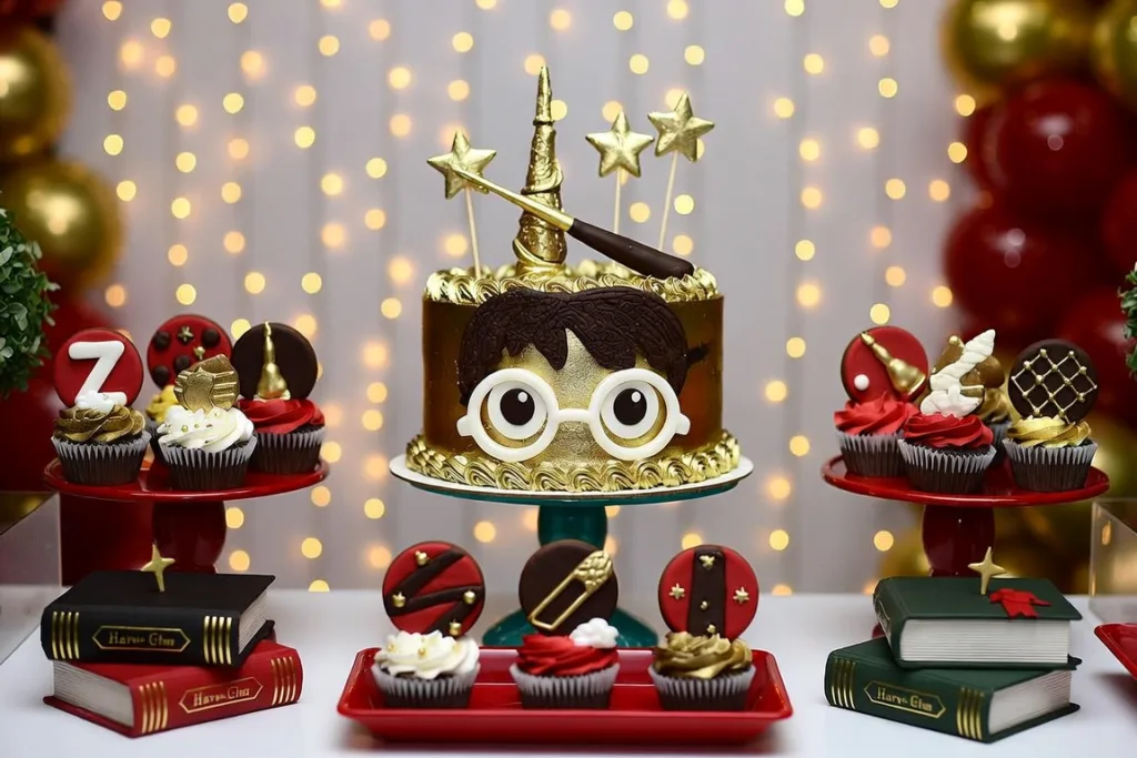 Mesa dulce inspirada en Harry Potter con tarta dorada, gafas, varita, cupcakes y libros decorativos.