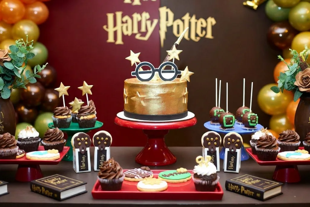 Mesa dulce con pastel dorado, gafas, estrellas, cupcakes, galletas y libros decorativos.