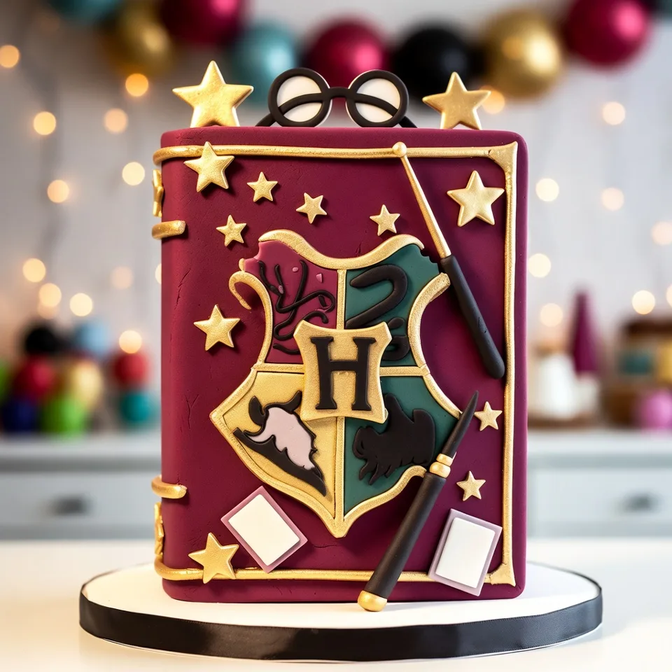 Tarta Harry Potter con forma de libro, escudo mágico, gafas, varitas y estrellas doradas en fondant.
