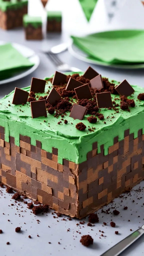Diseño cuadrado con crema verde, laterales marrones tipo bloque, migas de galleta y chocolate