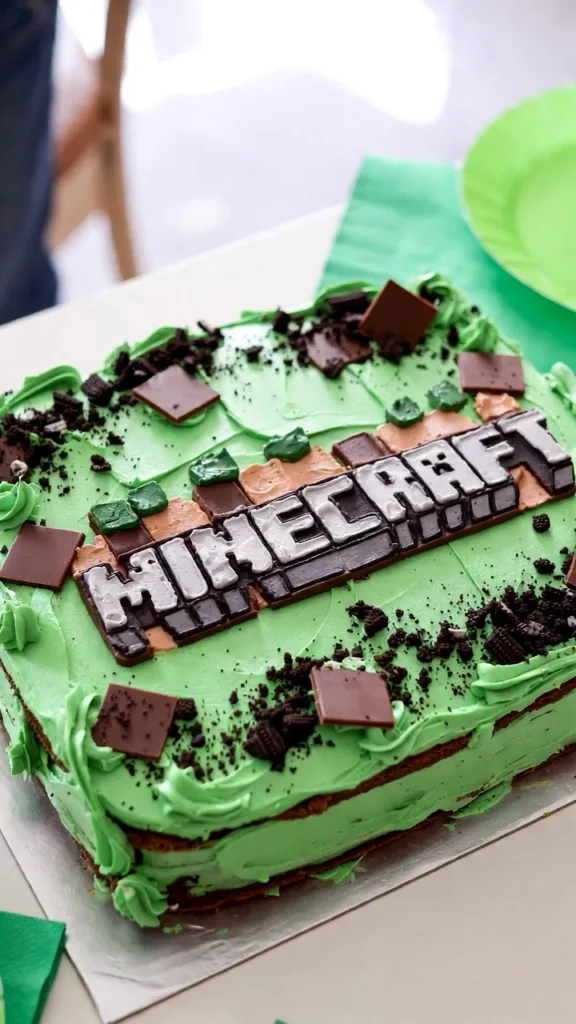 Tarta rectangular con crema verde, migas de galleta y letras decorativas inspiradas en Minecraft