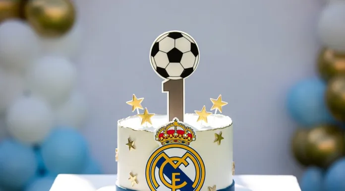 Tarta Real Madrid: ideas para cumpleaños y decoración futbolera tarta Real Madrid blanca con balón, estrellas doradas y globos azules para cumpleaños