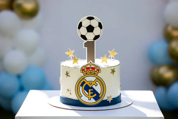 tarta-real-madrid tarta Real Madrid blanca con balón, estrellas doradas y globos azules para cumpleaños