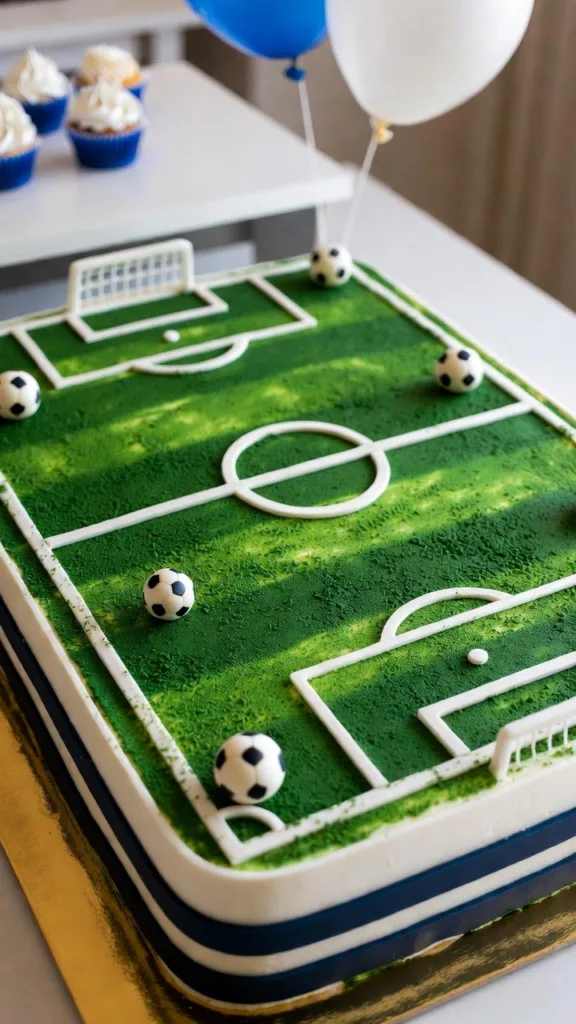 tarta de Real Madrid rectangular con forma de campo de fútbol y balones decorativos