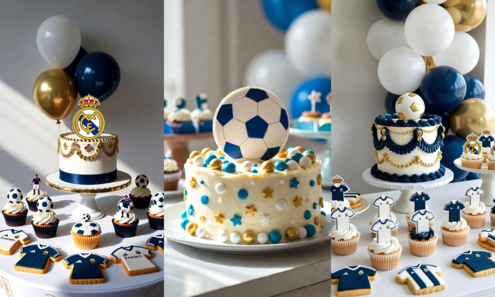 collage de pasteles y mesa dulce con globos azules, blancos y dorados