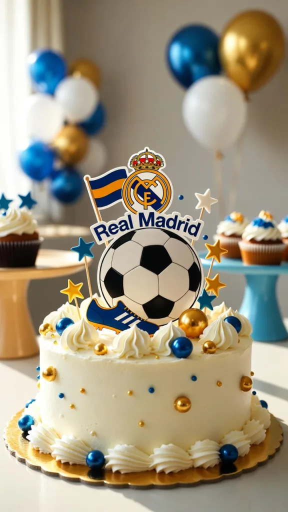 pastel blanco Real Madrid con balón, estrellas azules y doradas para cumpleaños