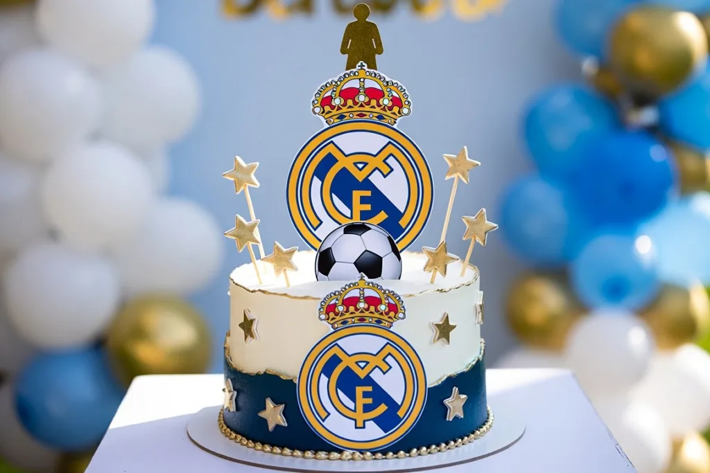 pastel blanco y azul con escudos, balón y estrellas doradas para fiesta infantil