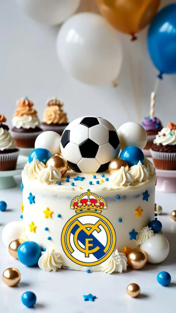 pastel blanco con balón de fútbol, perlas azules y doradas para cumpleaños infantil