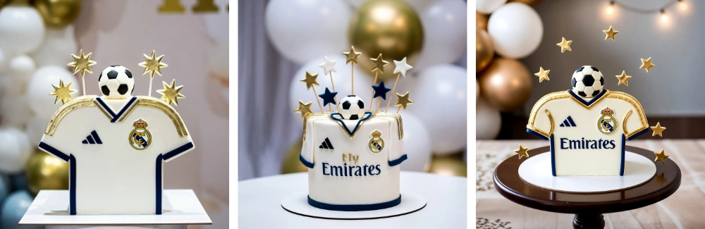 collage de tartas Real Madrid con forma de camiseta blanca, balón y estrellas doradas