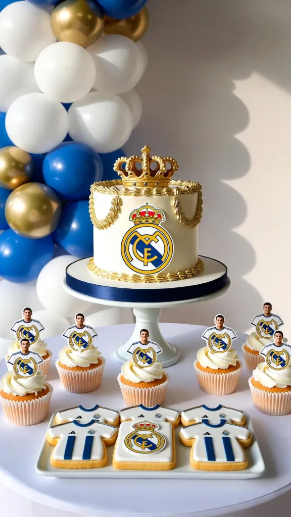 mesa dulce futbolera con pastel blanco, cupcakes y galletas decoradas con camisetas