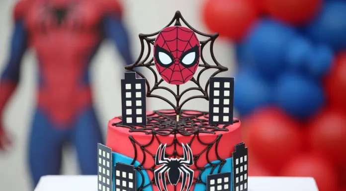 Tarta Spiderman: ideas fáciles, diseños y decoración para cumpleaños Tarta Spiderman roja y azul con telarañas, edificios decorativos y topper de máscara para cumpleaños infantil