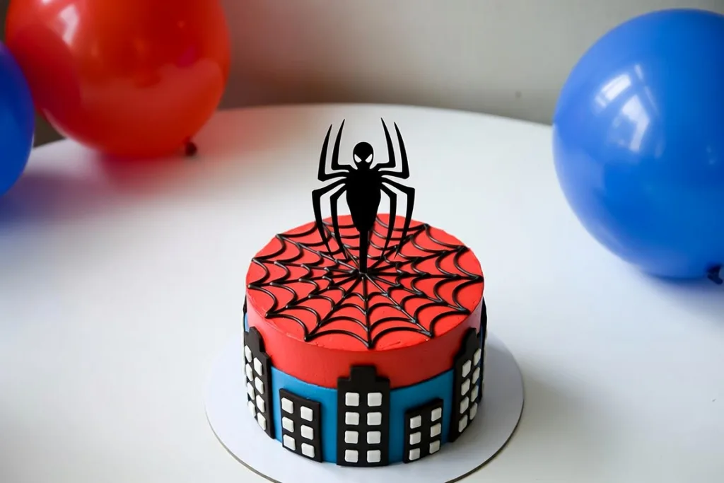 Pastel rojo y azul con telaraña negra, edificios decorativos y globos de cumpleaños al fondo