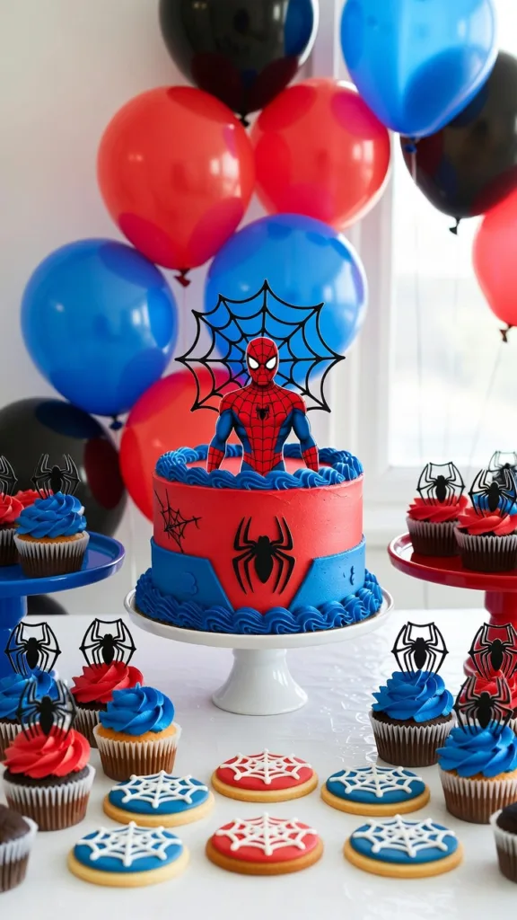 Pastel Spiderman con cupcakes, galletas decoradas y globos rojos, azules y negros para mesa dulce infantil