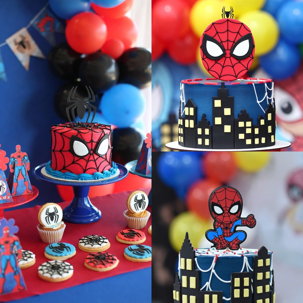 Collage de dulces decorados con telarañas, edificios urbanos, globos y galletas temáticas