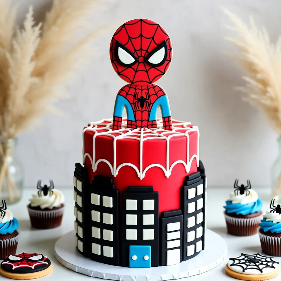 Dulce decorado en rojo con figura superior, telaraña blanca, edificios negros y cupcakes alrededor