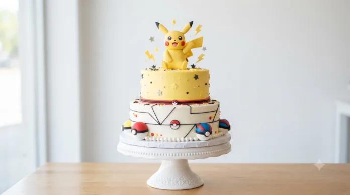 Tarta-Pokemon0 Tarta Pokémon para cumpleaños decorada con Pikachu y Poké Ball.