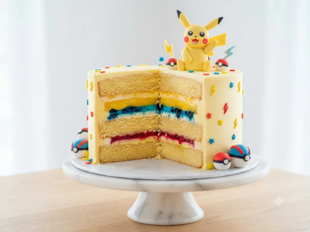 Bizcocho de vainilla con rellenos de colores, cobertura de buttercream blanco y figura amarilla decorativa sobre una base de mármol.