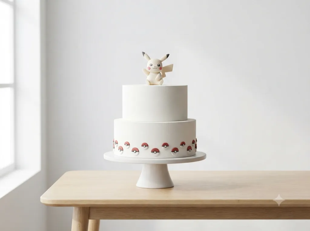 Torta de dos pisos con cobertura blanca, figura decorativa amarilla y pequeñas esferas rojas y blancas alrededor de la base.