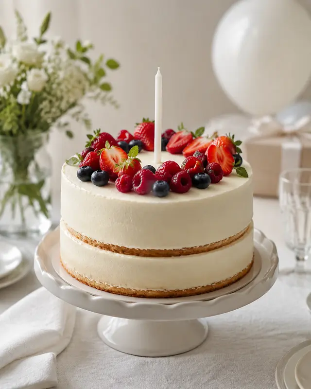 Tarta de cumpleaños de dos capas con crema clara, fresas y frutos rojos