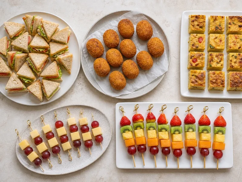 Cantidades de comida para cumpleaños en casa distribuidas en cinco bandejas