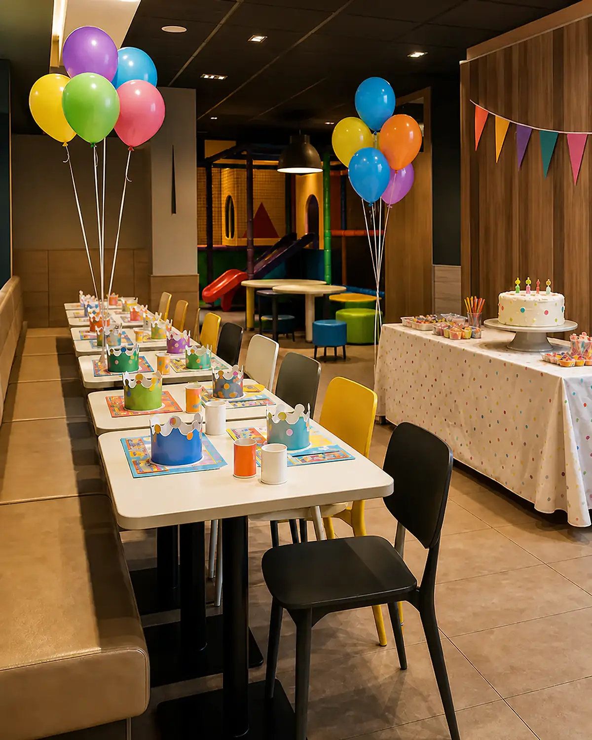Imagen ilustrativa de un espacio decorado para cumpleaños infantiles en un restaurante