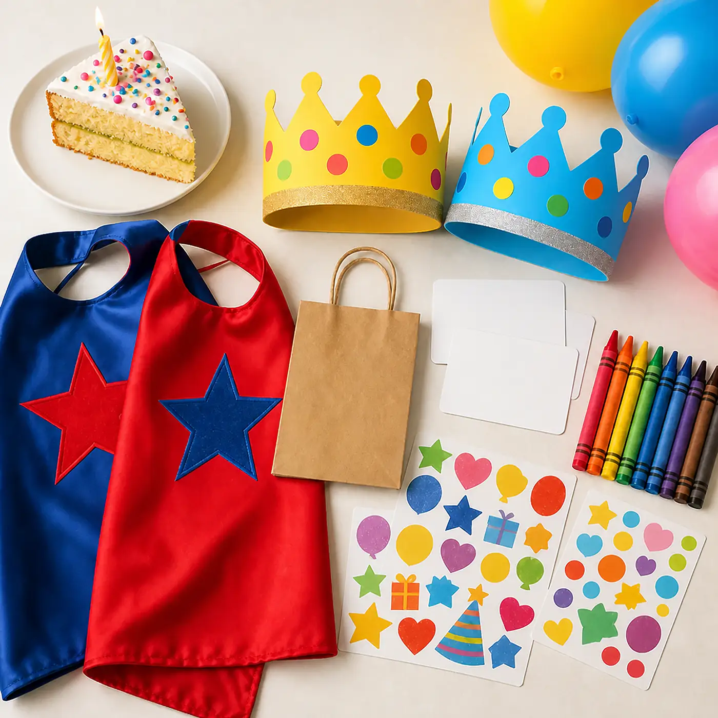 Capas de colores, coronas de papel, pegatinas y lápices para niños