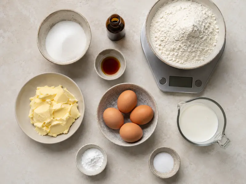 Harina, huevos, mantequilla, azúcar y leche medidos para preparar un bizcocho