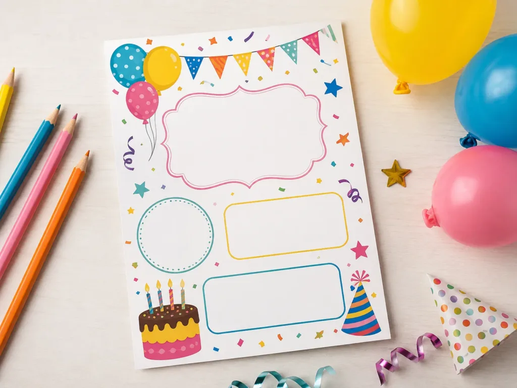 Invitación infantil colorida con globos y adornos de fiesta