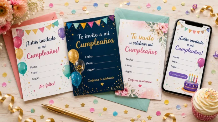 invitaciones-cumpleanos-hero Invitaciones de cumpleaños de diferentes estilos sobre una mesa de celebración