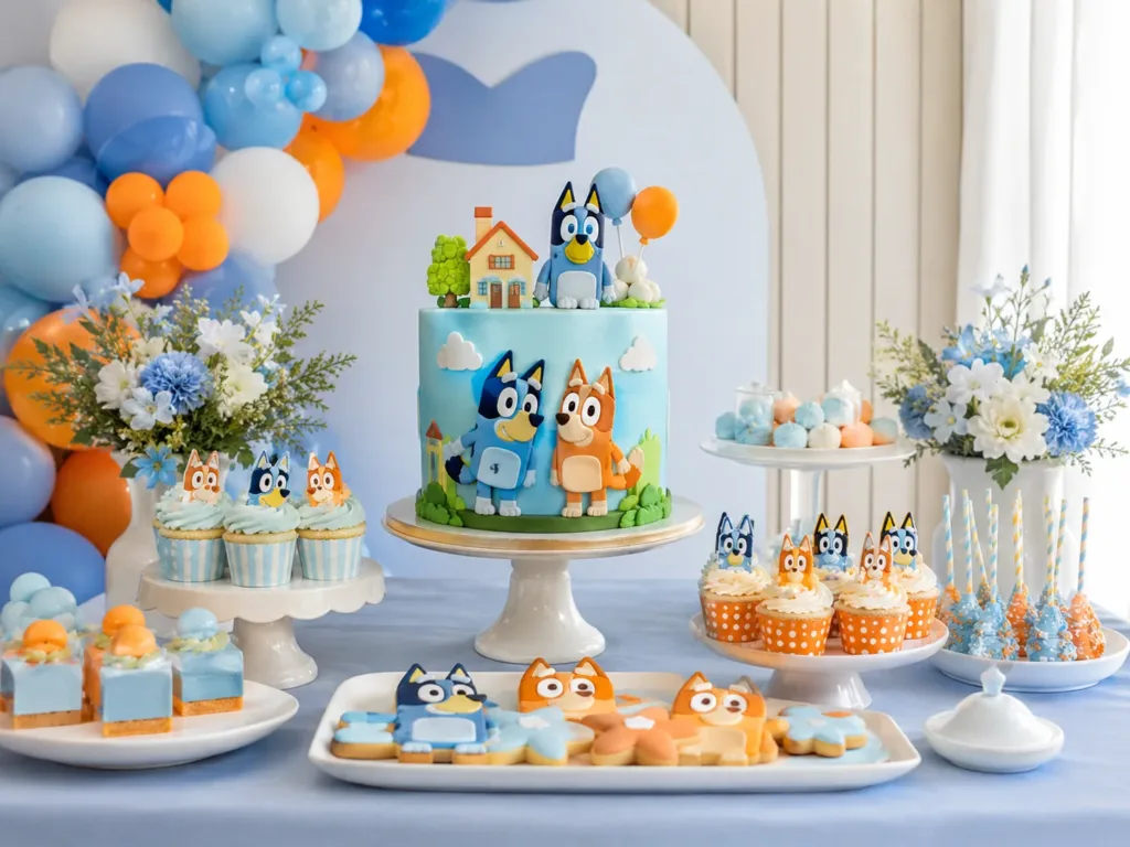 Mesa dulce temática de Bluey con tarta y decoración infantil