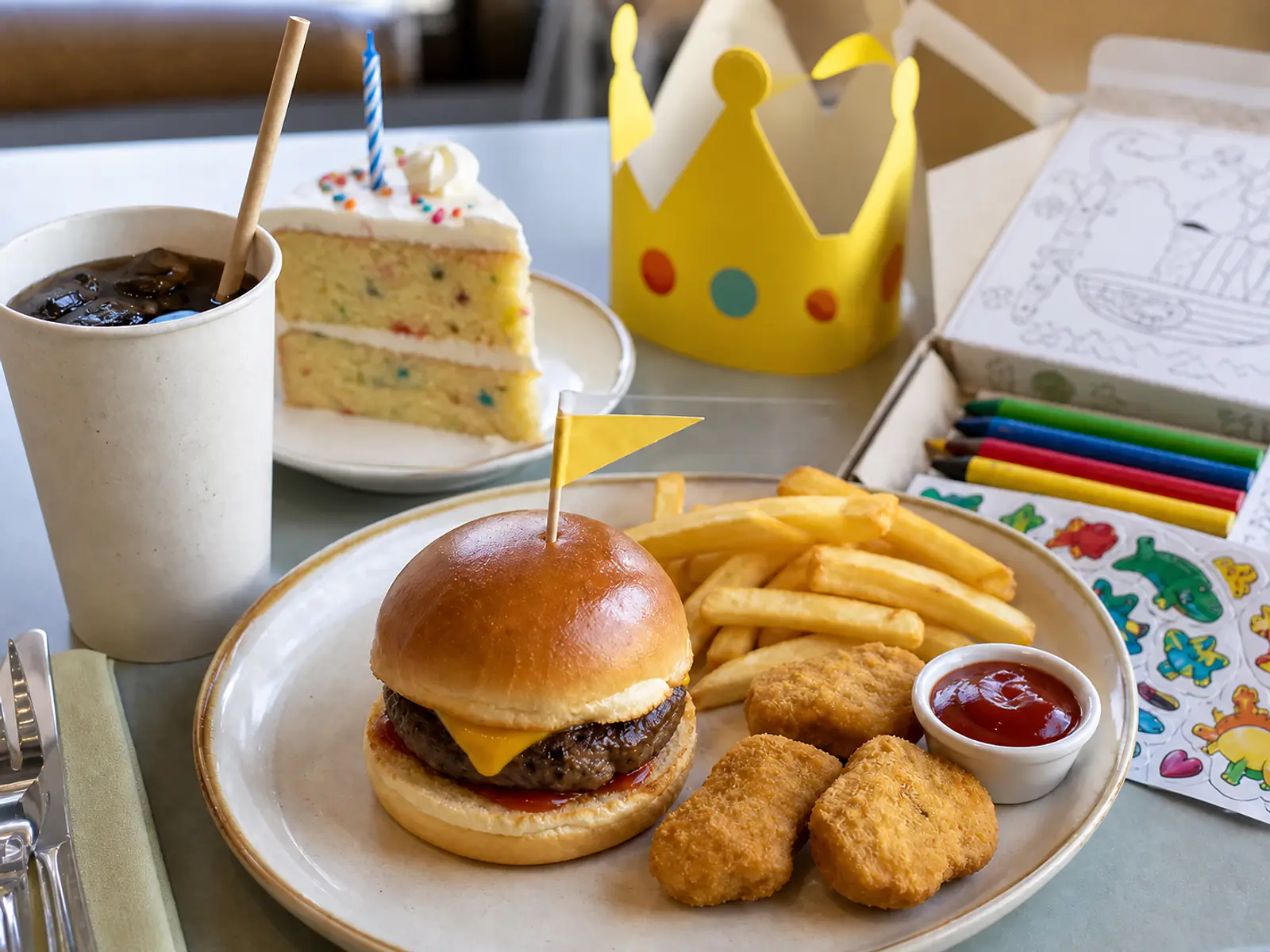 Imagen ilustrativa de un pack de cumpleaños en Burger King España con menú infantil y tarta