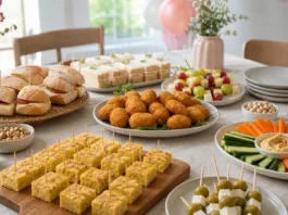 Picoteo para cumpleaños en casa con tortilla, croquetas, bocadillos y brochetas